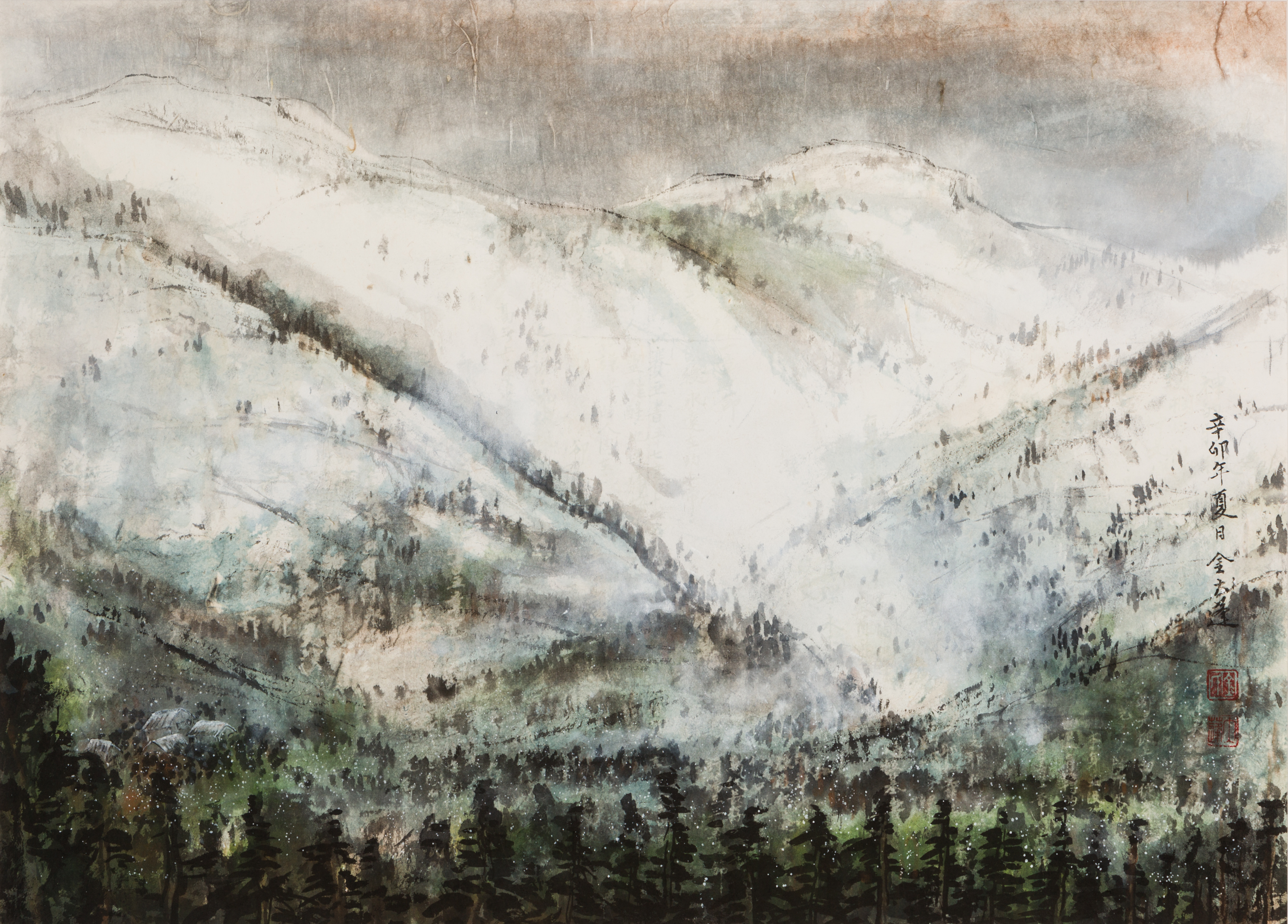 Contemporary Chinese Watercolor Painting of Tahoe Mountains in Winter