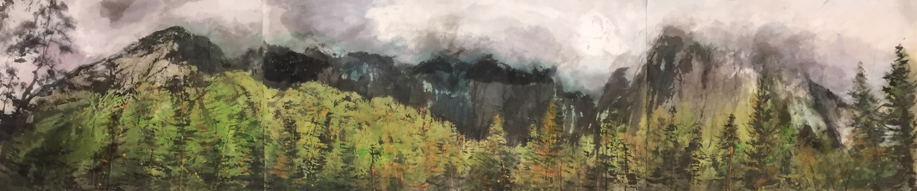 Contemporary Chinese Brush Painting of Yosemite National Park with storm clouds.