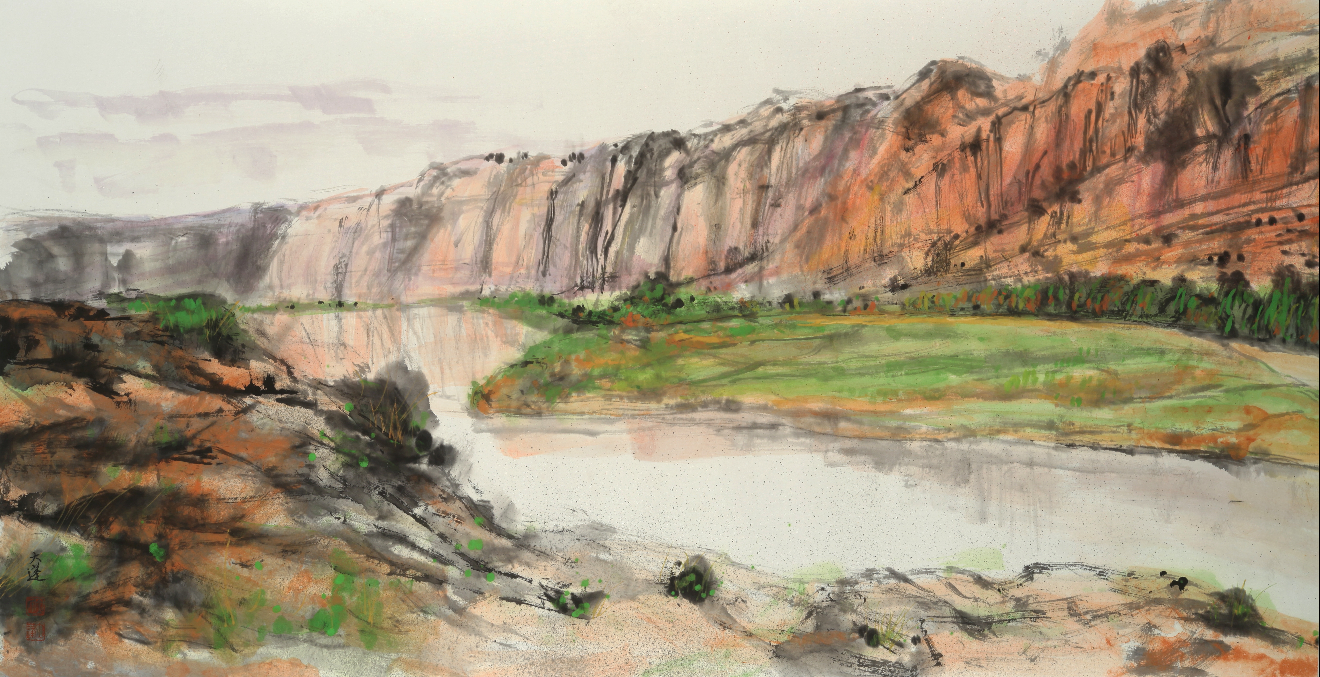 Contemporary Chinese Watercolor Painting of Zion National Park Hills.
