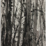 Black and white painting of the Northern California forest in severe drought with fallen leaves.