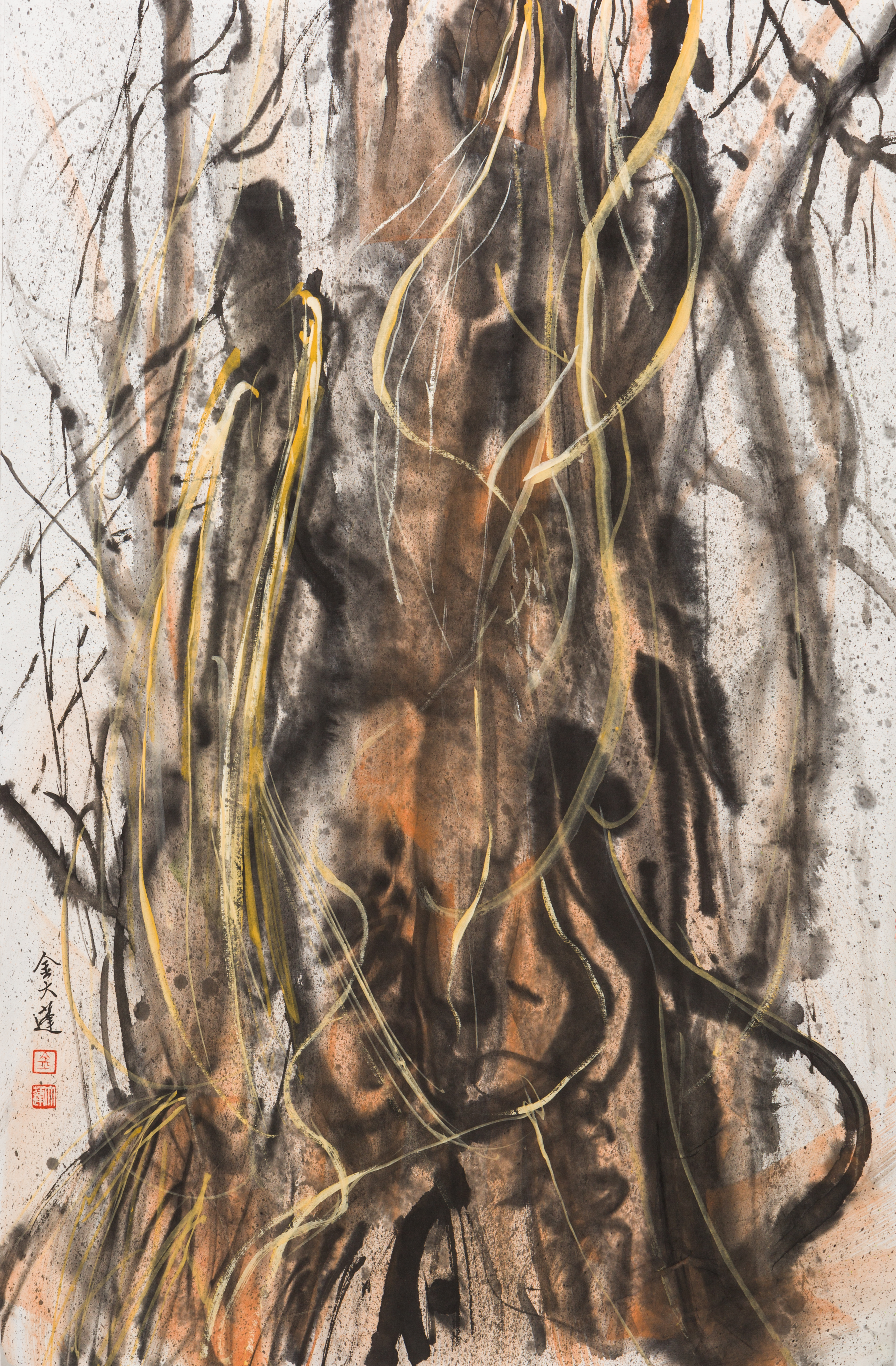 Contemporary Chinese Brush Painting of Redwood Trunks