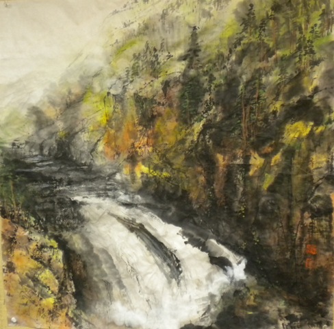 Gushing Spring in Yellowstone Park, contemporary Chines Brush painting by Amy Da-Peng King