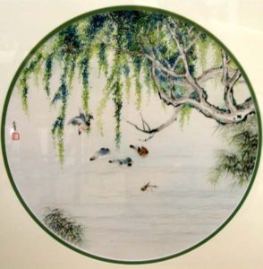 Ducks floating on Stow Lake in Golden Gate park. Traditional Style Chinese Brush Painting.