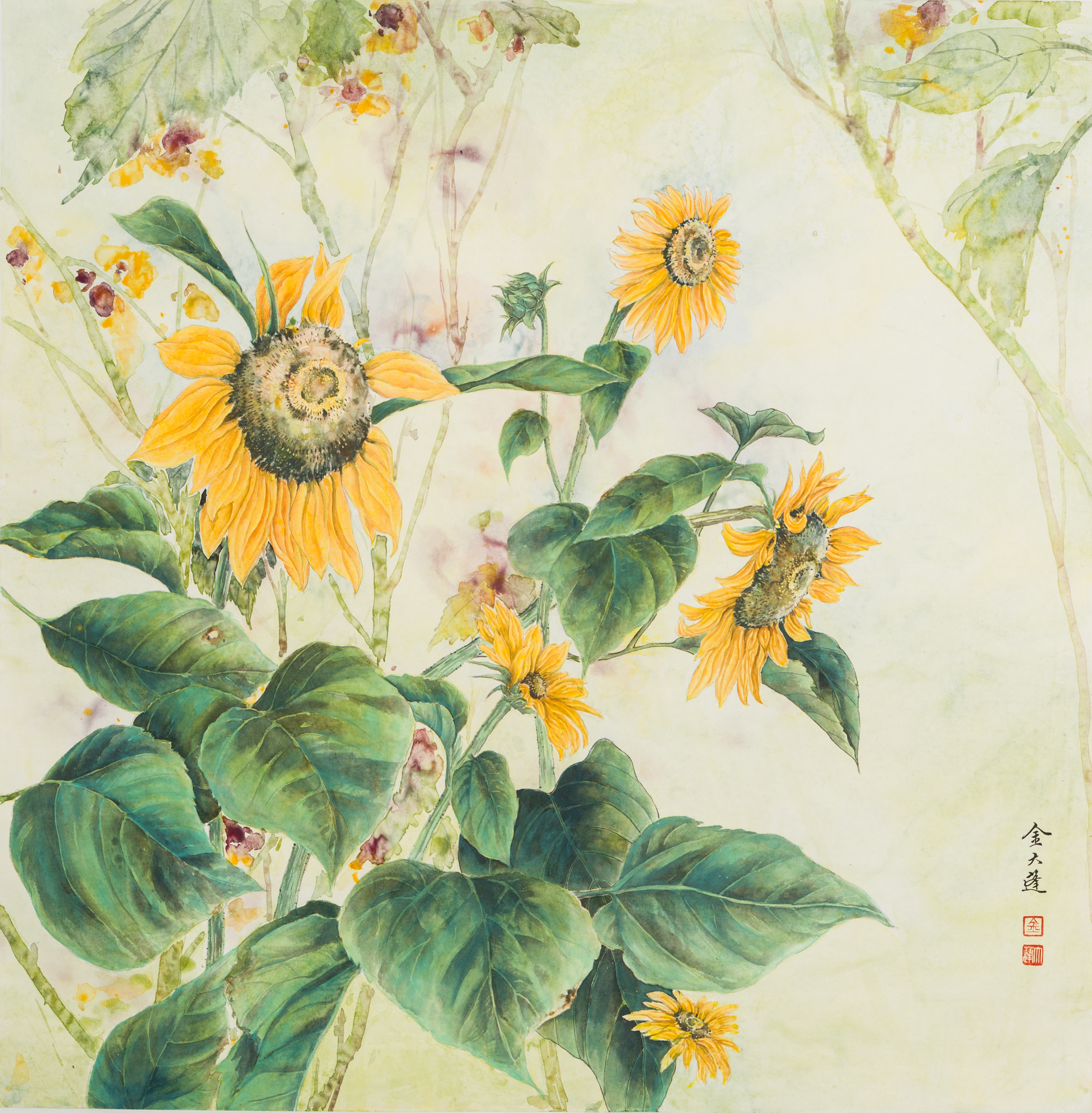 Contemporary Chinese Brush Painting of Sunflowers