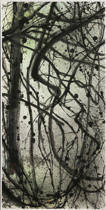Abstract painting of lines, spatters and movement to evoke the density of the forest.