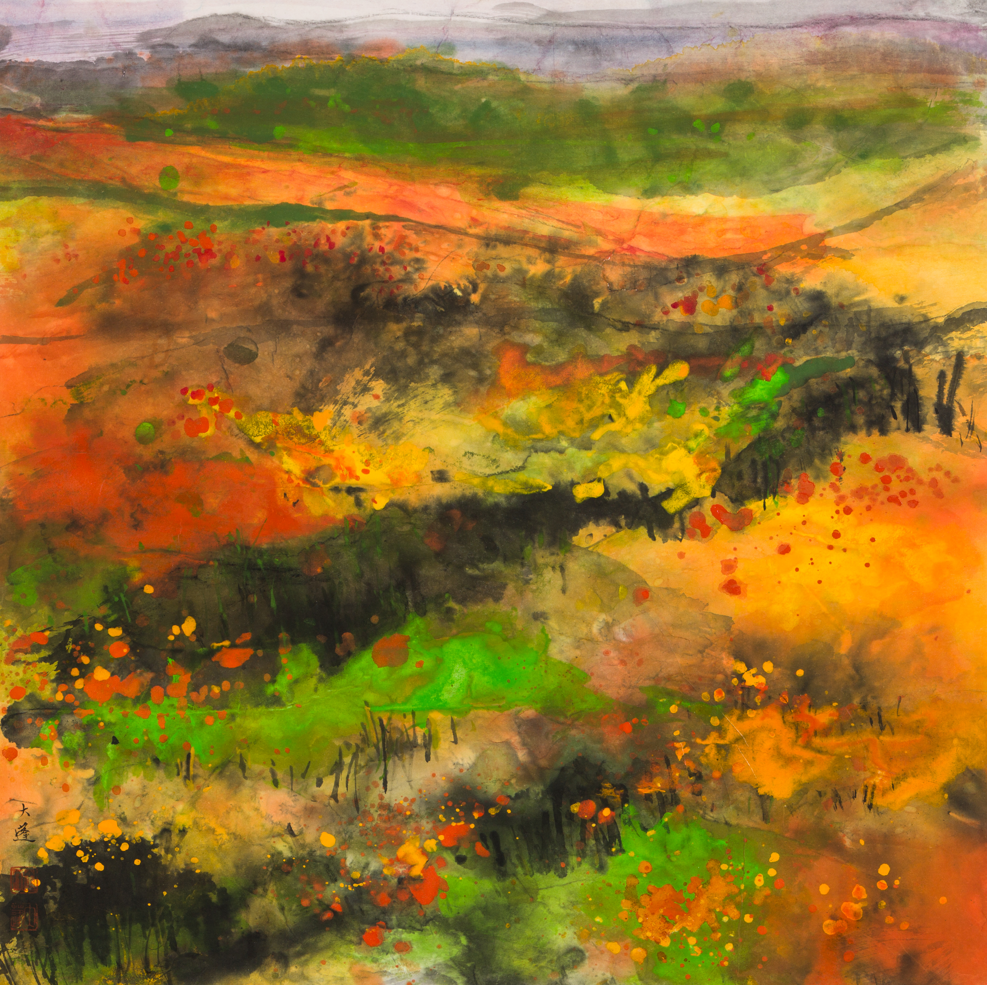 Abstract painting of hills in bloom
