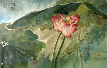 Beautiful solitary red lotus blossom in the contemporary Chinese brush style