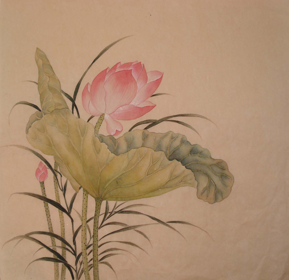 Lotus leaves flower and bud in the Old Master Style with soft colors.