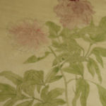 Peony flowers in the early phase of a linear style Chinese brush painting on silk.